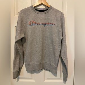 Champion Powerblend Crew Split Script Logo Sweater Sweatshirt Gray Size Small
